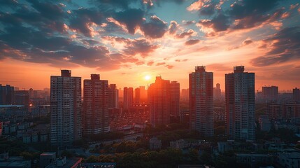 Fototapeta premium A beautiful view of the twilight sky above the city and the colorful sky. Twilight over the urban district. Top view.