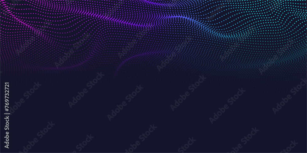 Wall mural flowing particles dots, wave pattern curve halftone shape isolated on dark background. vector backgr