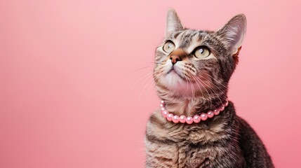 fashionable cute cat with neckless on pink background - obrazy, fototapety, plakaty