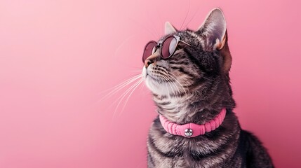 fashionable cute cat with neckless on pink background
