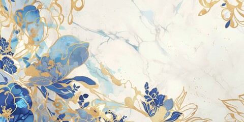 Abstract Blue and Gold Watercolor marble wallpaper with white background 