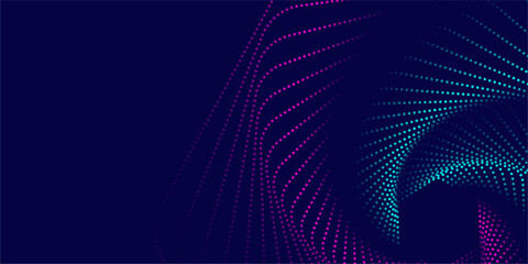 Fototapeta premium Flowing particles dots, wave pattern curve halftone shape isolated on dark background. Vector background concept of modern technology, science.