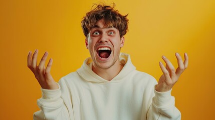 a magazine cover, minimalist photo, a man of 20 years old, wearing sweatshirt, thrilled, very happy gesture, worried FACE EXPRESSION, White color, background,  