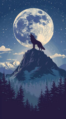 A powerful image of a lone wolf howling on a mountain peak with an oversized moon in the backdrop and a starry sky.