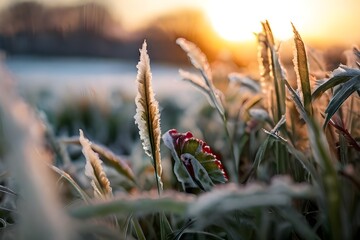 Frosty grass at winter sunset Generative AI