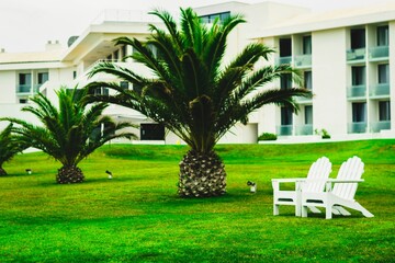 White chairs are situated in front of a tall building featuring multiple apartments - obrazy, fototapety, plakaty