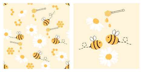 Seamless pattern with bee cartoons, daisy flower and honey sticks on yellow background vector.