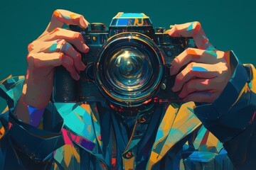 A man holding up his camera with colorful paint on it, showcasing the camera's lens and shutter button  - obrazy, fototapety, plakaty