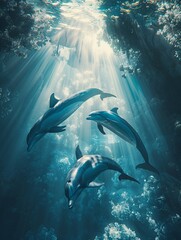 Beneath the shimmering surface of a sanctuary lake a graceful pod of dolphins glides elegantly Aerial view with sunlight filtering through the water creating a breathtaking scene