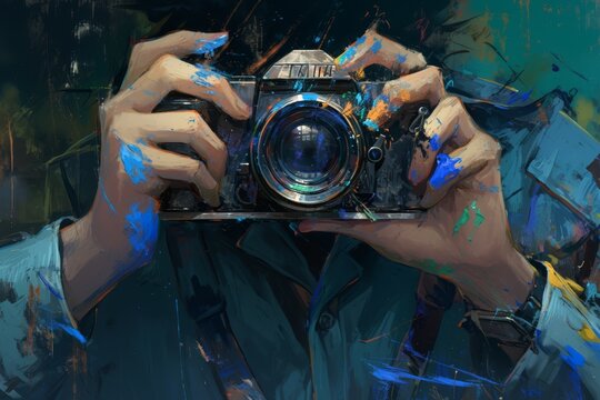 a man with his hands covered in colorful paint holding up an old camera
