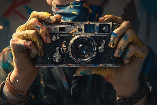 a man with his hands covered in colorful paint holding up an old camera