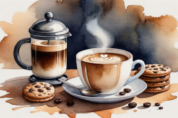 Composition with Turkish coffee pot, cookies, coffee beans and coffee cups on a white background watercolor style.