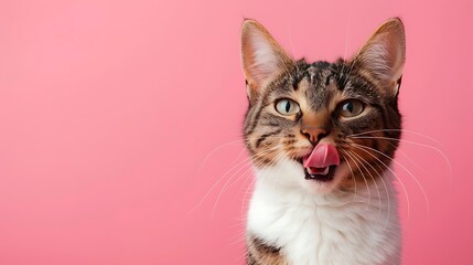 Obraz premium feline standing out tongue detached on pink background