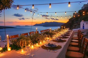 Enchanting Santorini Wedding Banquet at Sunset - Seaside Romance - obrazy, fototapety, plakaty