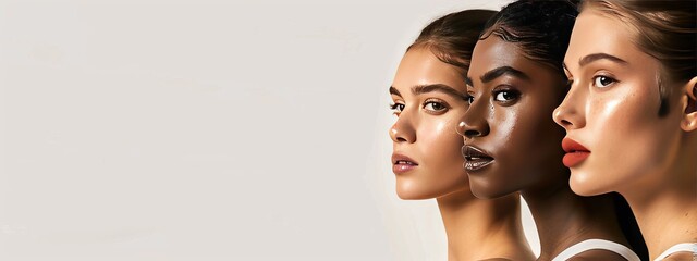 Three women of different races standing together against a white backdrop