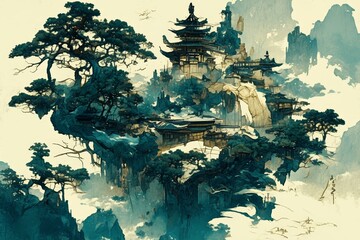 A traditional Korean landscape featuring pine trees, temples and mountains in the background. 