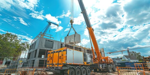 A crane lifting heavy construction materials onto a building site. - obrazy, fototapety, plakaty
