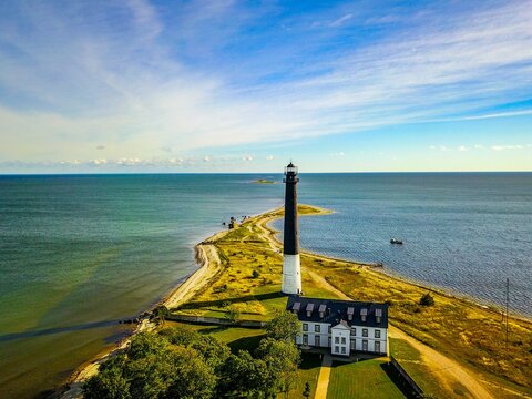 Aerial view of the Lighthouse on the Sorve Peninsula on the island of Saaremaa, Estonia.