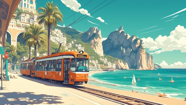 A vintage travel poster style illustration of the old orange tram driving past a beach with palm trees and cliffs in the background, with an orange color palette