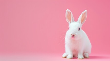 Front perspective on white adorable child cut hare remaining on pink background