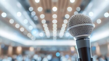 Microphone over the Abstract blurred photo of conference hall or seminar room with attendee background, Business meeting concept , Microphone, Electric Elegance Neon Mic in Detail - obrazy, fototapety, plakaty