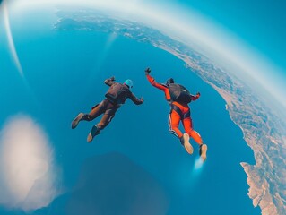 A pair of skydivers in mid-air, freefalling over a coastal landscape with clear blue skies.
