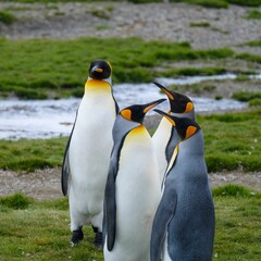 Fototapeta premium Flock of king penguins stand in a grassy area, huddling close together in a tight formation