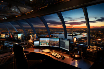 The interior of an air traffic control tower at dusk, showcasing a panoramic view of the cityscape illuminated by the setting sun - 769735565