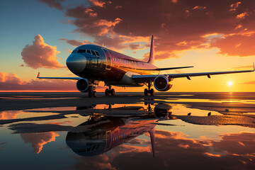An airplane stationed on a runway, with its reflection visible in a nearby puddle, against the backdrop of a picturesque sunset - 769735568