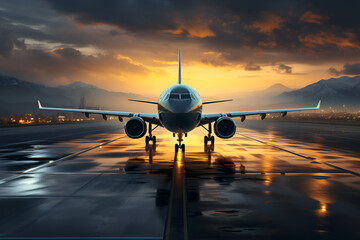 An airplane on a runway, set against the backdrop of a dramatic skyline - 769735573