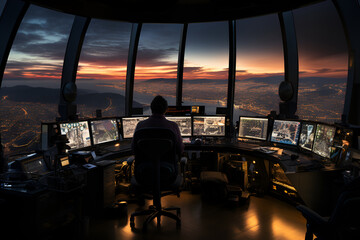 The interior of an air traffic control tower at dusk, with a person working from a high-tech control room during sunset - 769735594