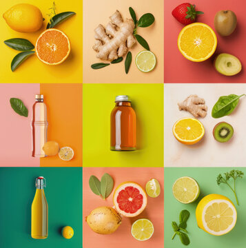 a bright multicolored mudboard with citrus lemonade and ginger