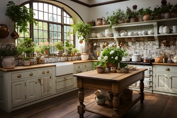 A beautifully arranged traditional English cottage kitchen, showcasing an aesthetic blend of natural light, greenery, and vintage decor - 769735700