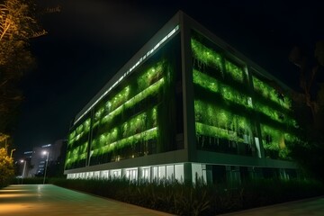 A modern building at night, illuminated and adorned with vibrant green vertical gardens on its facade, showcasing a biophilic design - 769735759