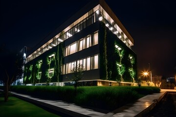 A modern office building illuminated at night, its facade adorned with vibrant vertical gardens, emphasizing its biophilic design elements
