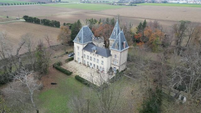 Aerial video of an old castle, La commune de Vieil-Arcy, France with green lawns