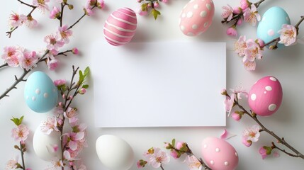 Easter egg and flowers paper mockup, spring background