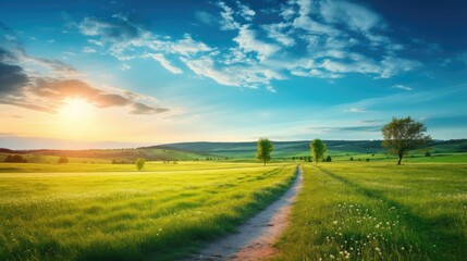 Picturesque winding path through a green grass field in a hilly area in the morning at dawn against blue sky with clouds. Natural panoramic spring-summer landscape.