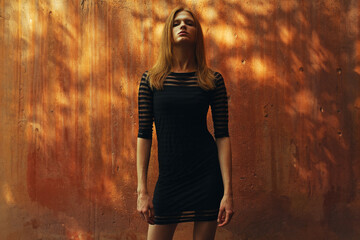 Little black dress concept. Emotive portrait of a proud fashionable model posing over rusty stone...