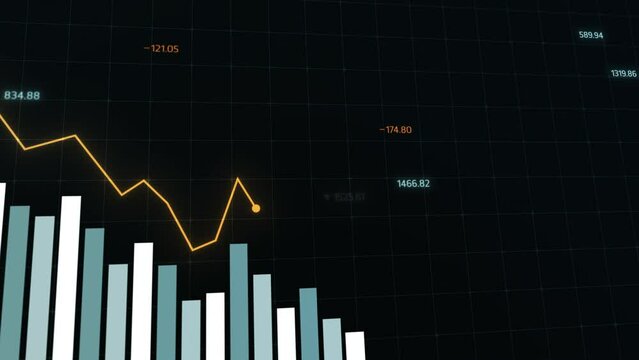 Animated graphs showcasing financial market trends with dynamic line and bar charts on a dark background. Ideal for presenting economic data, stock market analysis, or financial performance over time.