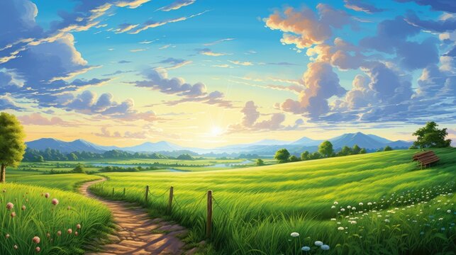The painting Picturesque winding path through a green grass field in a hilly area in the morning at dawn against a blue sky with clouds. Natural panoramic spring-summer landscape.