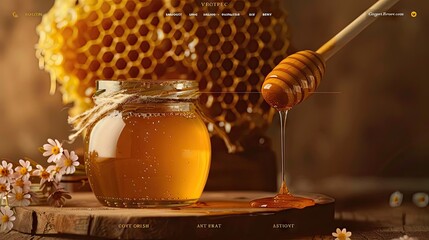 A visually appealing homepage design for a honey-selling website. The central theme is honey, featuring a golden, honeycomb background.  - obrazy, fototapety, plakaty