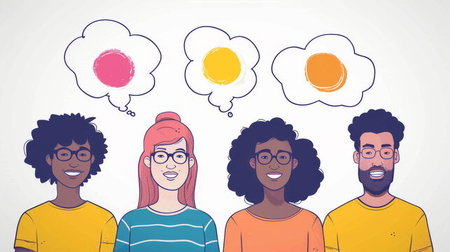 A creative illustration of diverse people with thought bubbles, symbolizing ideas and communication.