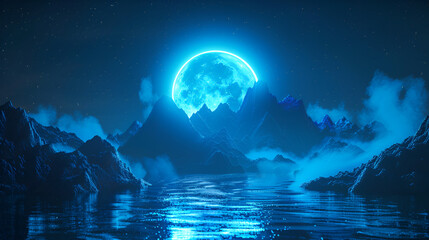 Futuristic night landscape with abstract landscape and island, moonlight, shine, generative Ai