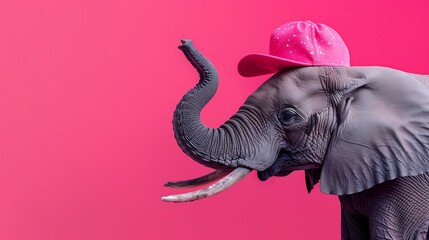 delightful elephant with an energetic pink cap against a dynamic pink background