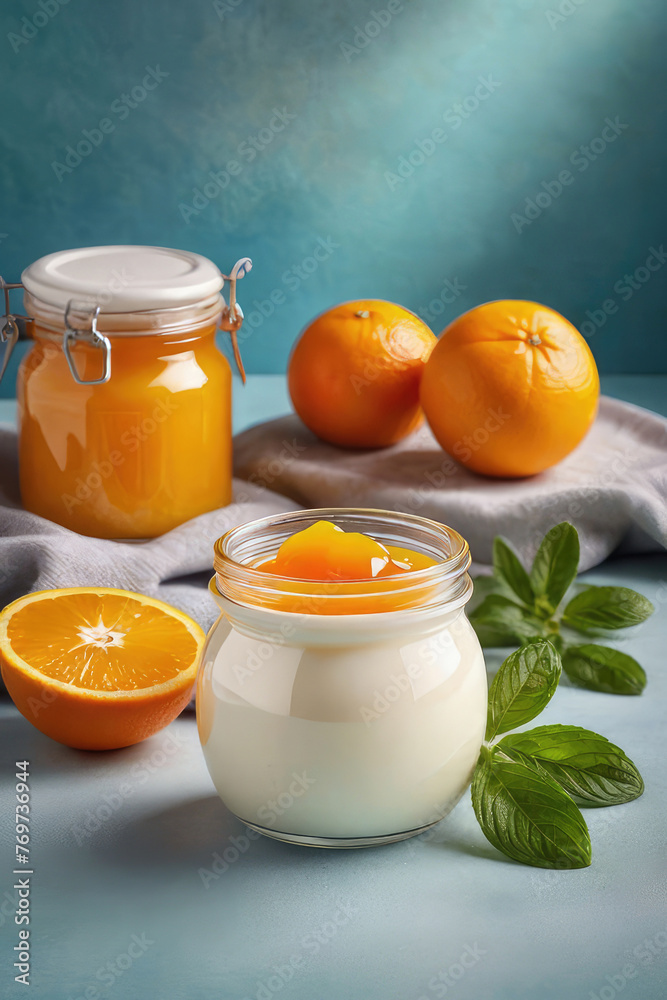 Wall mural Yogurt or parfait with orange sauce and orange in glass jar on a pastel background, summer breakfast.