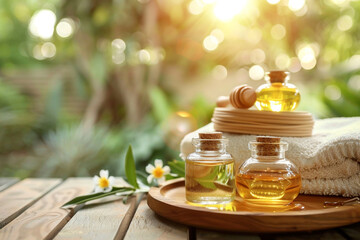 Fragrant honey spa with oils and honey on wooden table on natural background