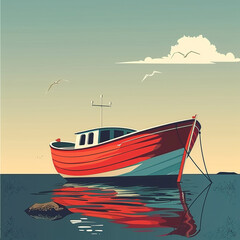 An illustrated red fishing boat tethered on tranquil waters under a soft-hued sky.