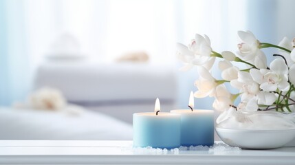 Obraz na płótnie Canvas cosmetic background, aromatic candles, blue flowers in a vase on the background of the bathroom, concept of aroma and spa treatment at home