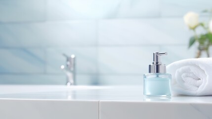 cosmetic bottle with a dispenser for liquid soap, shower or lotion on a light blue bathroom background, concept for skin and hair care products
